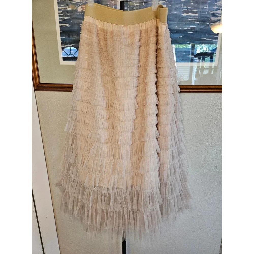 Tulle Ruffle Maxi Skirt Womens XL Blush Nude Tiered Mesh Whimsical Romantic Soft - Picture 4 of 8